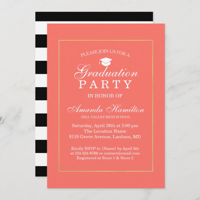 Invitation Vivre Coral Moderne Classic or Cadre Graduation (Devant / Derrière)