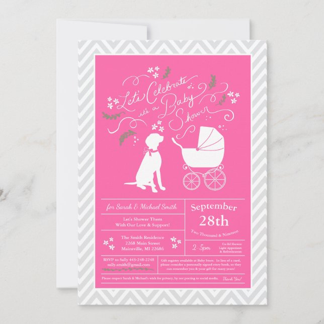 Invitation Vizsla Chien Baby shower fille rose (Devant)