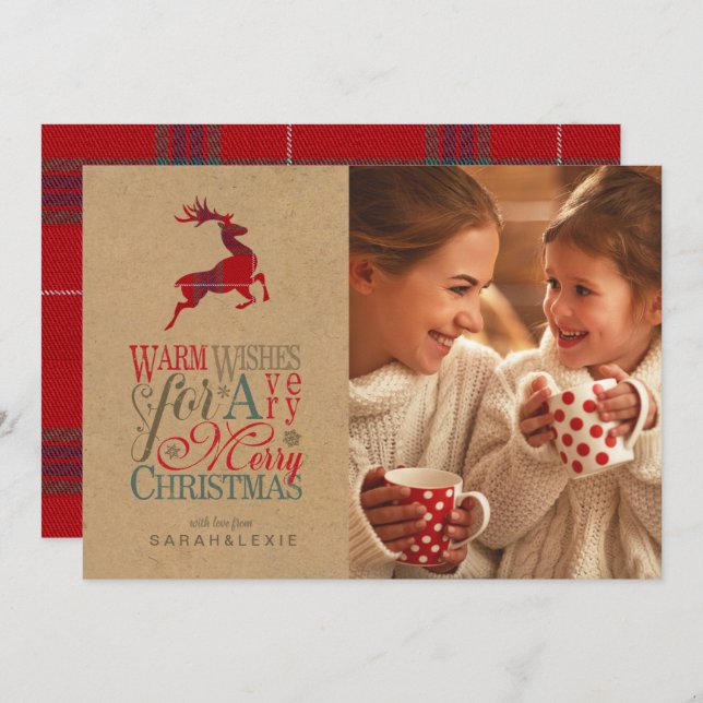 Invitation Voeux Chauds Photo Kraft & Tartan Red ID589 (Devant / Derrière)