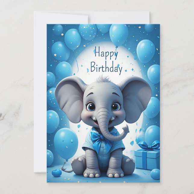 Invitation Vœux d'anniversaire de l'éléphant à ruban bleu 🐘 (Devant)