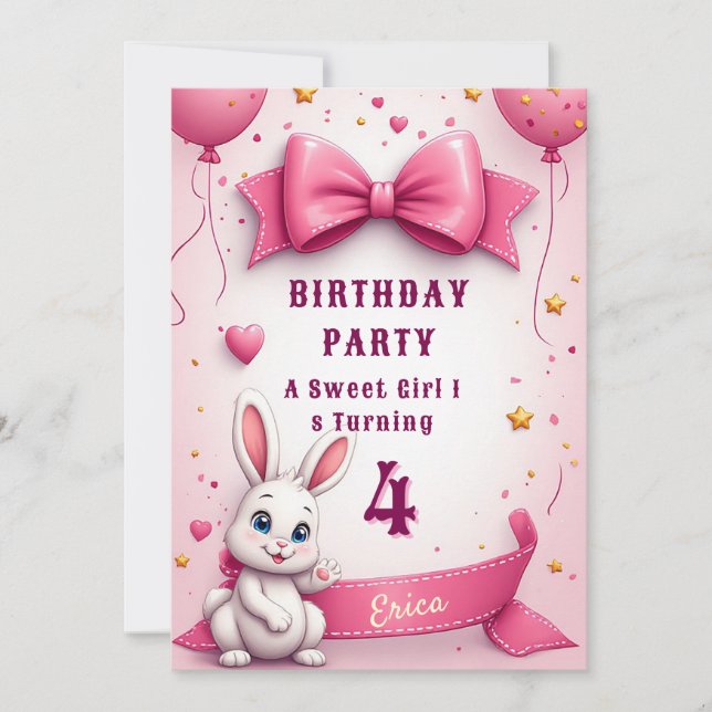 Invitation Vœux d'anniversaire de petit lapin rose 🐰 (Devant)