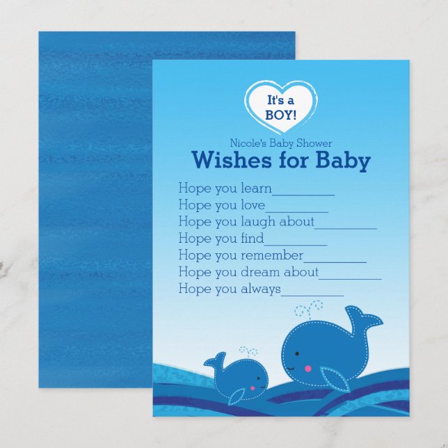 Invitation Vœux de baleines bleues pour jeu de baby shower (Devant / Derrière)
