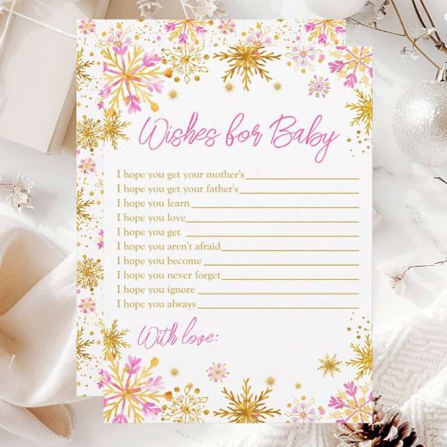 Invitation Vœux de flocons de neige rose et or pour bébé (Créateur téléchargé)