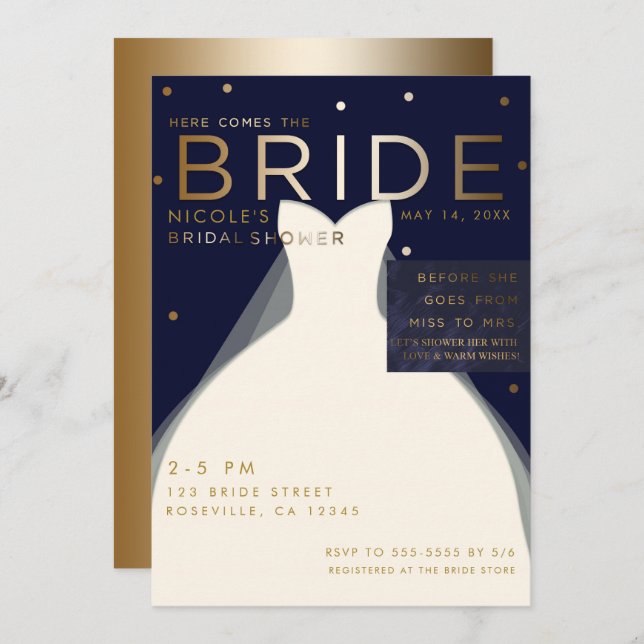 Invitation Voici BRIDE Navy Blue & Gold Fête des mariées (Devant / Derrière)