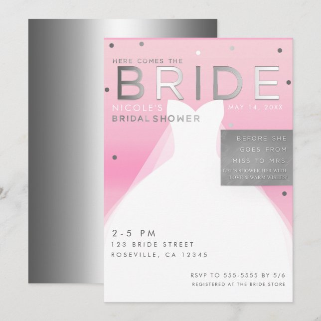 Invitation Voici BRIDE Silver & Pink Chic Fête des mariées (Devant / Derrière)
