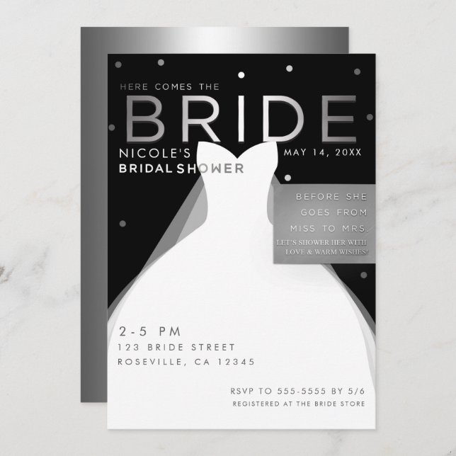Invitation Voici la BRIDE Black Silver White Fête des mariées (Devant / Derrière)