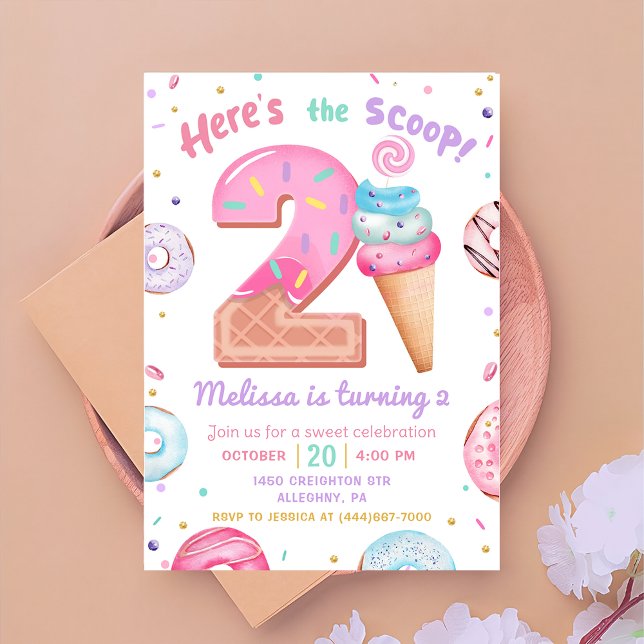 Invitation Voici la crème glacée Scoop Donut 2e anniversaire (Créateur téléchargé)