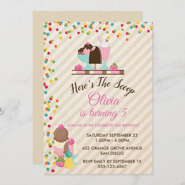 Invitation Voici la fête d'anniversaire de la crème glacée Sc (Devant / Derrière)