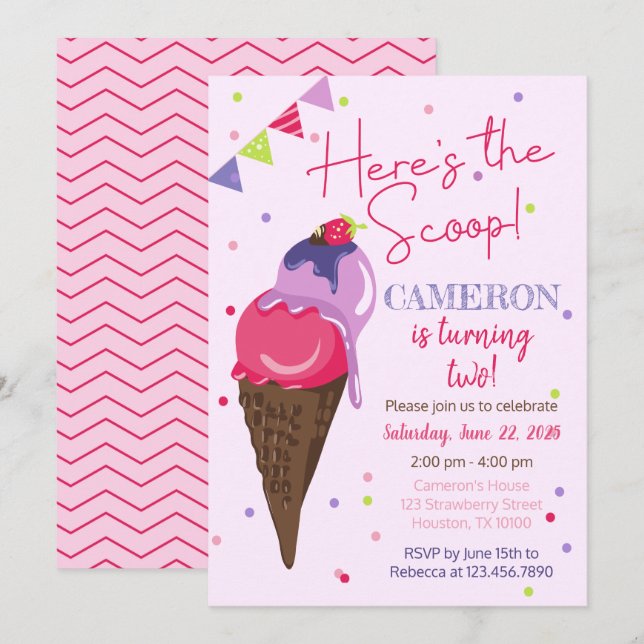 Invitation Voici la fête d'anniversaire de la crème glacée Sc (Devant / Derrière)