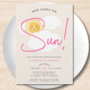 Invitation Voici la Fête de Bébé Fille de Here Comes The Sun