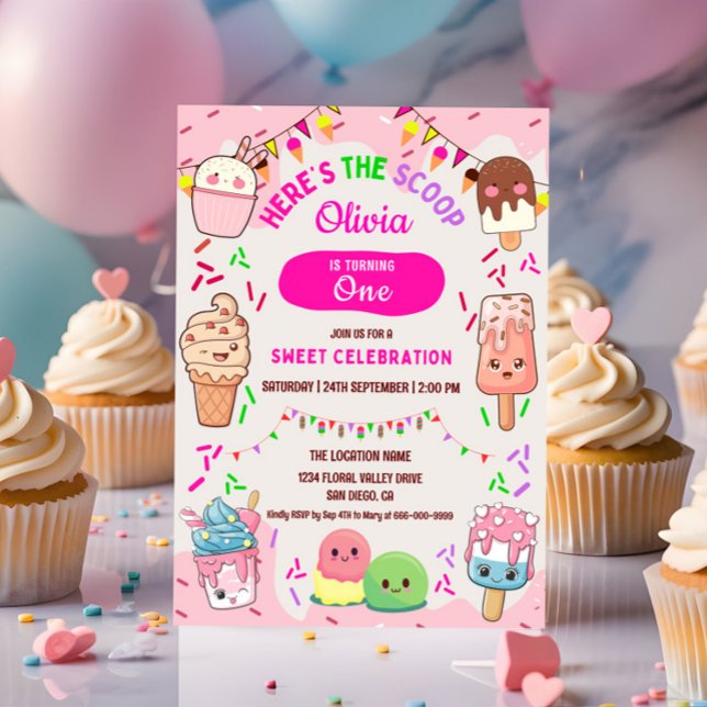 Invitation Voici la fête de la crème glacée Scoop 1er anniver (Kawaii Ice cream 1st Birthday Party Invitation)