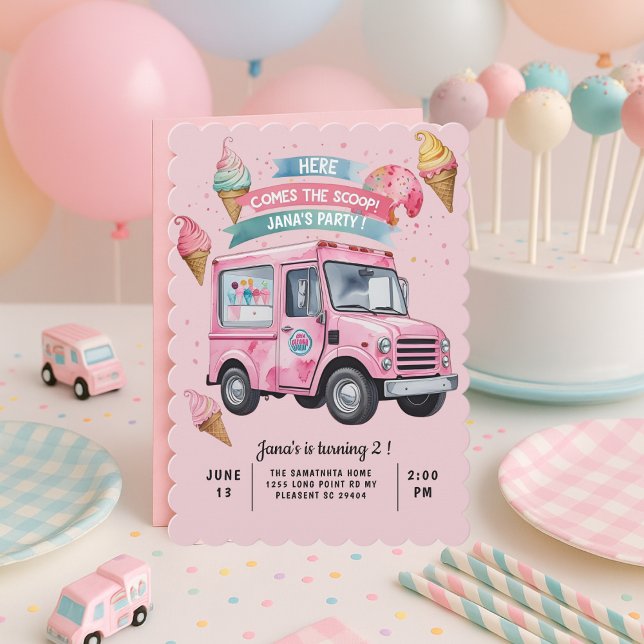 Invitation Voici la Scoop! Camion de Glace Rose  (Créateur téléchargé)