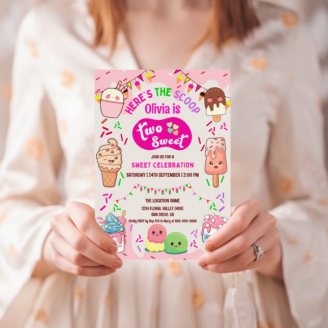Invitation Voici la soirée Scoop Ice Cream 2nd Birthday (Ice cream 2nd birthday girl party invitation)