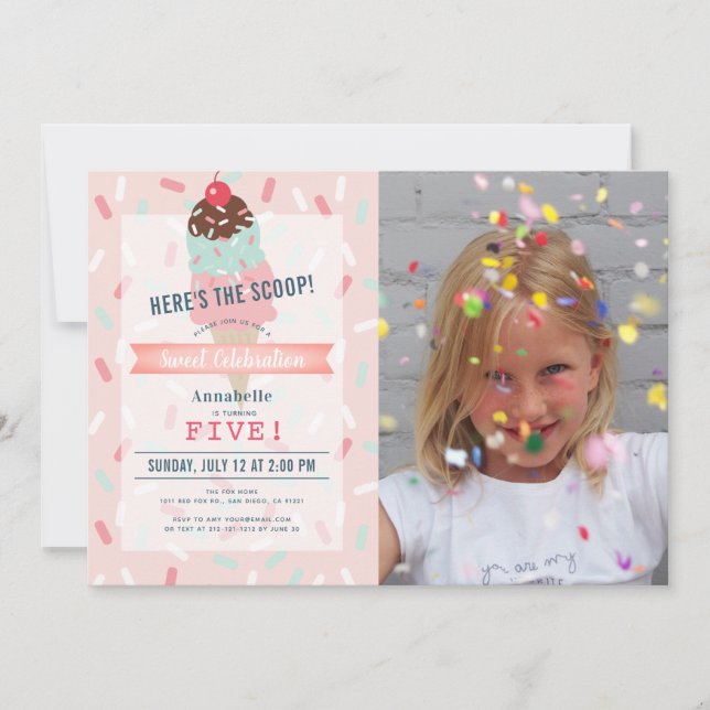Invitation Voici l'anniversaire de la crème glacée rose Scoop (Devant)