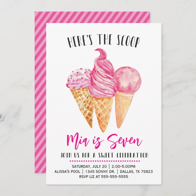Invitation Voici l'anniversaire de la crème glacée rose Scoop (Devant / Derrière)
