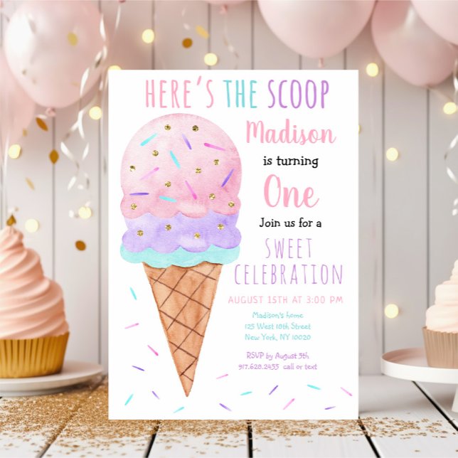 Invitation Voici l'anniversaire de la crème glacée rose Scoop (Créateur téléchargé)