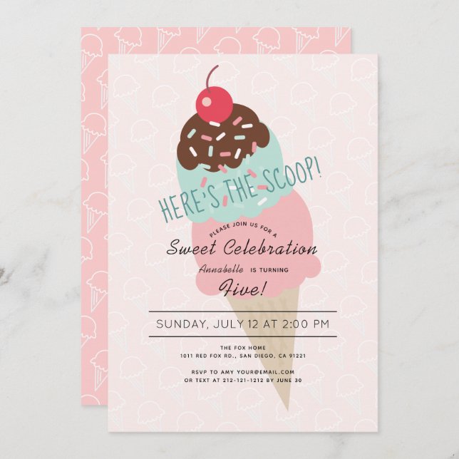 Invitation Voici l'Anniversaire de la crème glacée rose Scoop (Devant / Derrière)