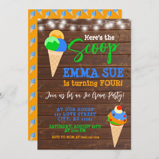 Invitation Voici l'anniversaire de la fête de la crème glacée (Devant / Derrière)