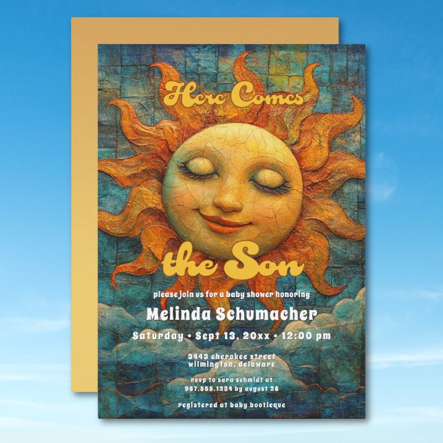 Invitation Voici le Baby shower céleste rétro Son (Here Comes the Son Retro Celestial Baby Shower Invitation)