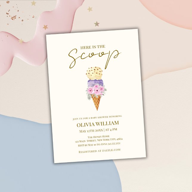 Invitation Voici le Baby shower de crème glacée Florale Scoop (Here's The Scoop Floral Ice Cream Baby Shower Invitation)