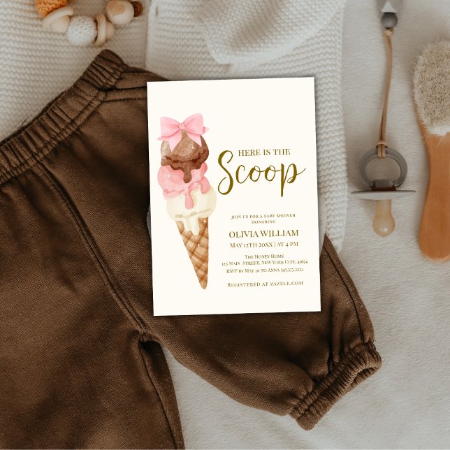 Invitation Voici le Baby shower de crème glacée Scoop Bow (Here's The Scoop Bow Ice Cream Baby Shower Invitation)