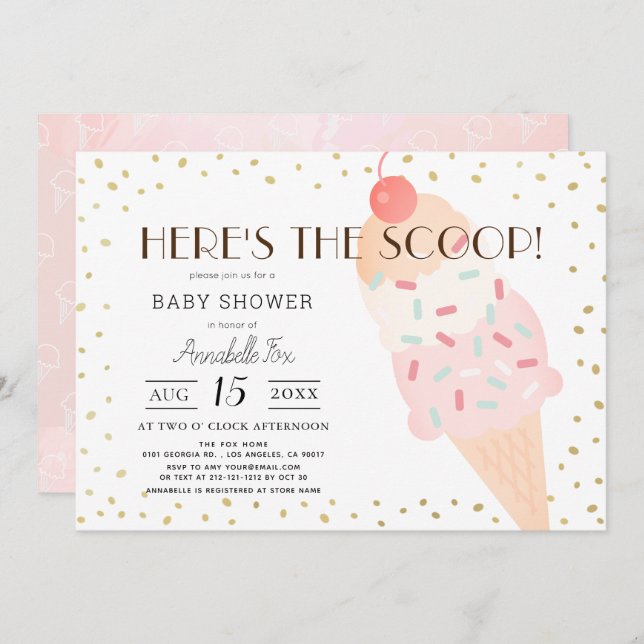 Invitation Voici le Baby shower de fille rose crème glacée Sc (Devant / Derrière)
