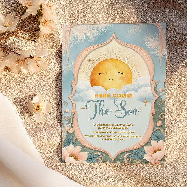 Invitation Voici le Baby shower Fils Bébé Garçon (Here Comes the Son Baby Boy Baby Shower)