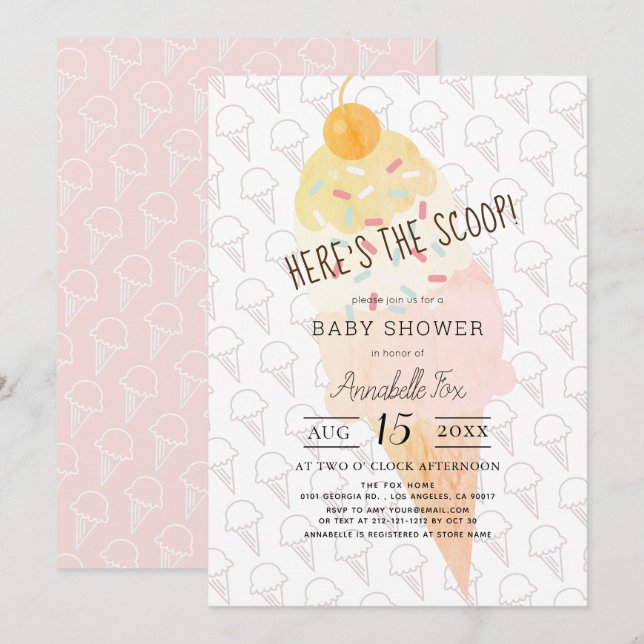 Invitation Voici le Baby shower rose de la crème glacée Scoop (Devant / Derrière)