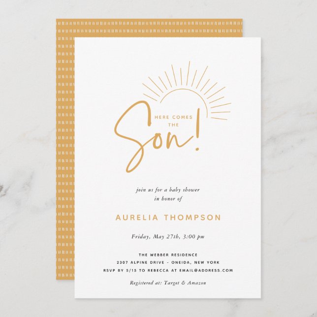 Invitation Voici Le Baby shower Soleil Son Boho (Devant / Derrière)