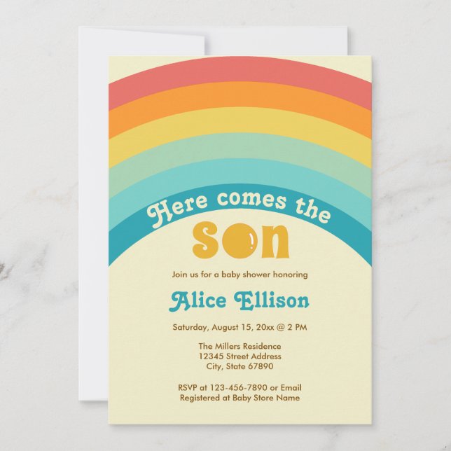 Invitation Voici le Baby shower Son Retro Boho (Devant)