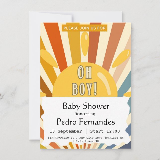 Invitation Voici le Baby shower Son Retro Sun Boy (Devant)