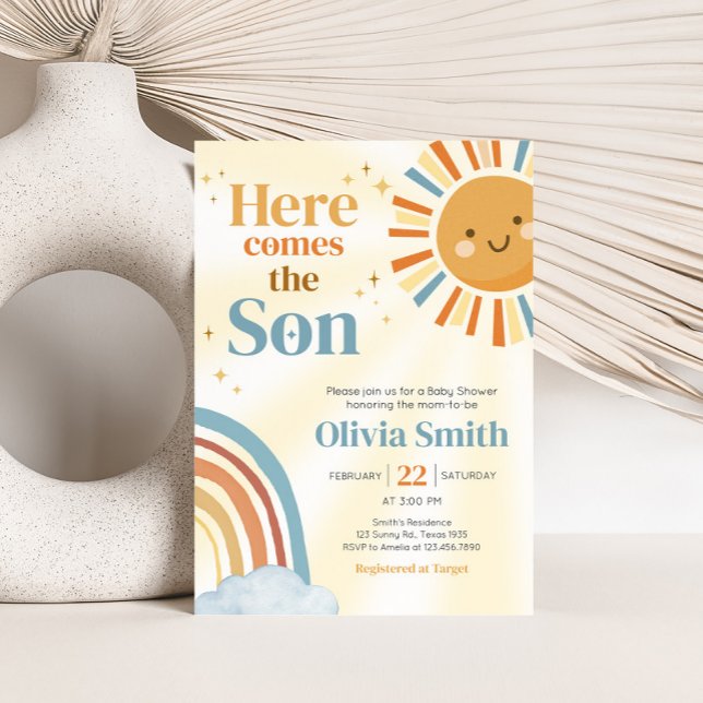 Invitation Voici le Baby shower Son Retro Sunshine (Here Comes the Son Retro Sunshine Baby Shower Invitation)
