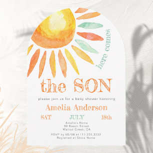 Invitation Voici Le Baby shower Son Sun Watercolor