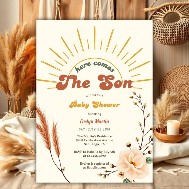 Invitation Voici Le Baby shower Son Sunshine Boho Boy (Here Comes The Son Sunshine Boho Boy Baby Shower Invitation)