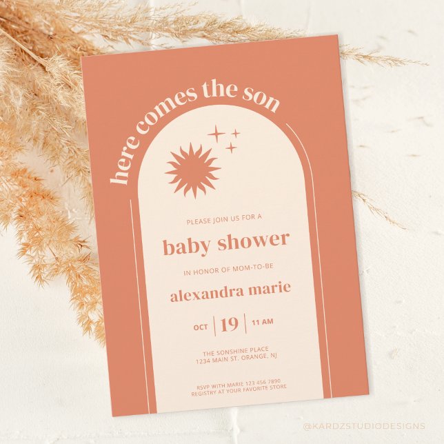 Invitation Voici le Baby shower Son Terracotta Boho (Terracotta, Here comes the son, boho baby shower invitation. With arc, sunshine and stars details)