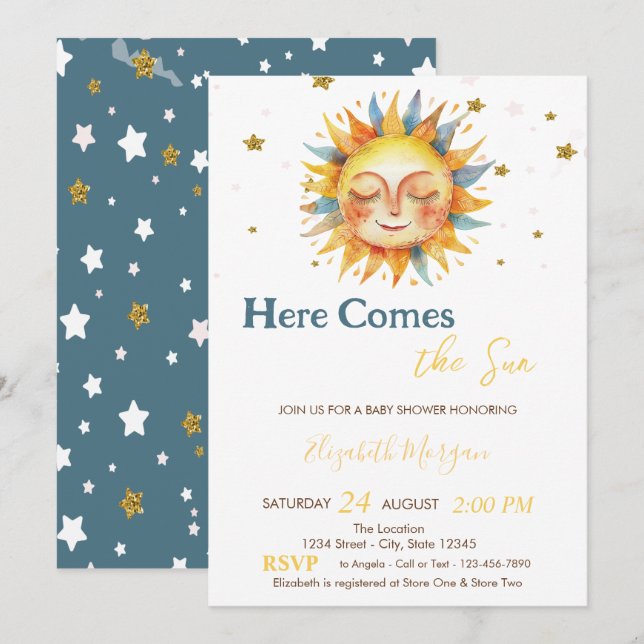 Invitation Voici Le Baby shower Sun Gold Parties scintillant  (Devant / Derrière)