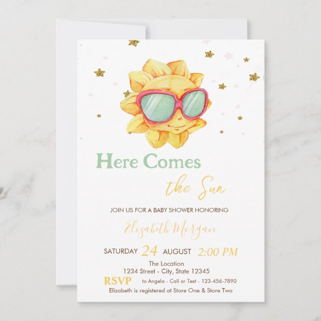 Invitation Voici Le Baby shower Sun Gold Stars (Devant)