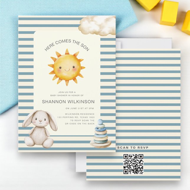 Invitation Voici le code QR rayé bébé soleil shower (Créateur téléchargé)