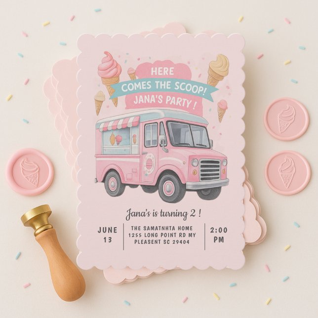 Invitation Voici le Scoop ! Camion à glace rose (Créateur téléchargé)