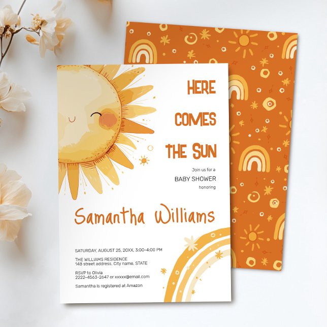 Invitation Voici le Soleil | Baby shower arc-en-ciel Boho (Here comes the Sun watercolor cute baby shower invitation )