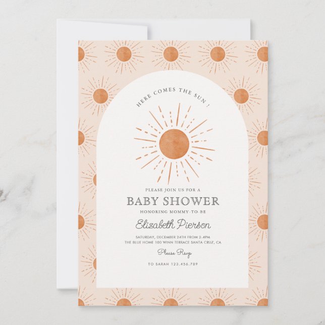 Invitation Voici le soleil Brûlé Orange Baby shower Soleil (Devant)
