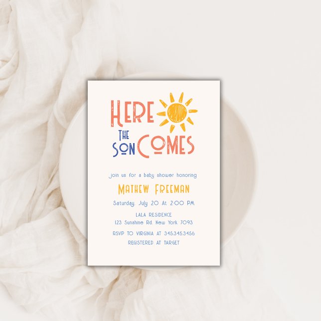 Invitation Voici Le Son Minimal Rétro Baby shower Soleil (Here Comes The Son Minimal Retro Sun Baby Shower Invitation)