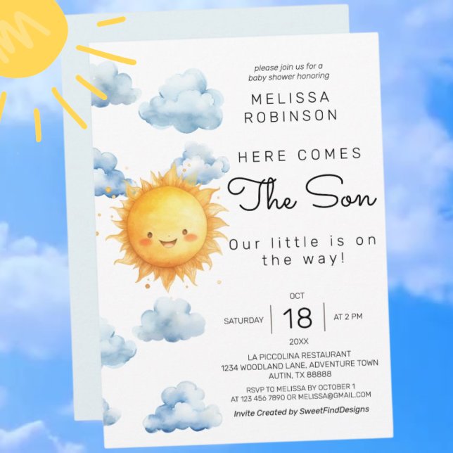 Invitation Voici le Son Watercolor Baby Boy Shower (Here comes the Son Watercolor Baby Boy Shower Invitation)