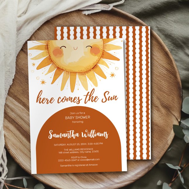 Invitation Voici l'invitation du Baby shower du bouho Sun (Here comes the Sun cute watercolor baby shower invitation boho)