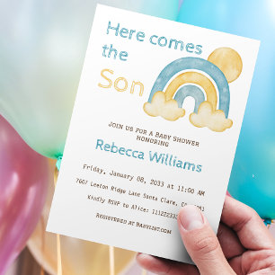 Invitation Voici Son Sunshine Blue Rainbow Baby shower