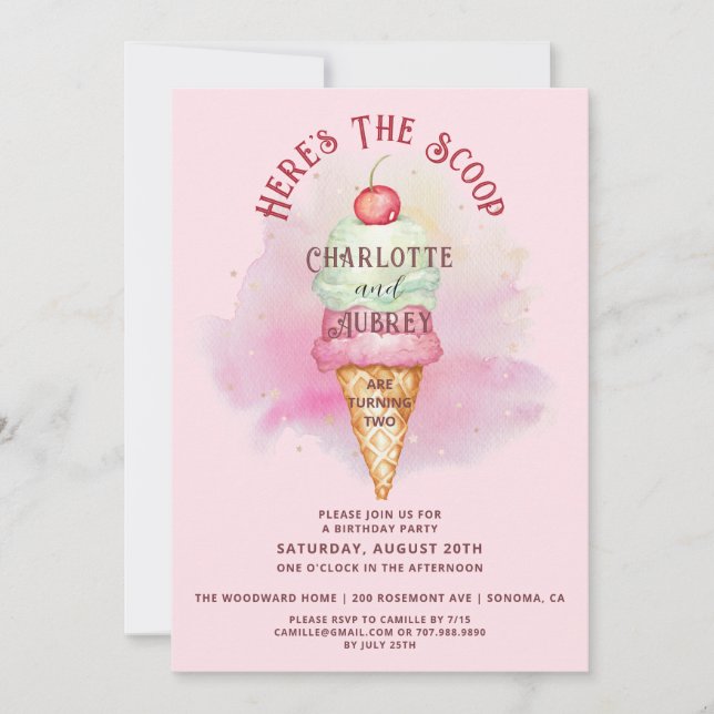 Invitation Voici The Scoop Twins 2nd Birthday Party Pink (Devant)