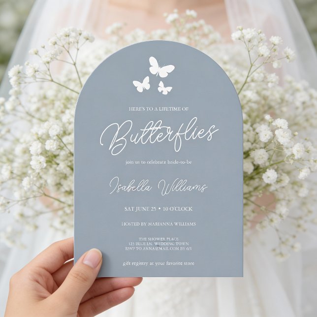Invitation Voici une Fête des mariées de la vie des papillons (The invitation is shown in a 5x7 inch arch-shaped.. Personalize it for a memorable bridal shower.)