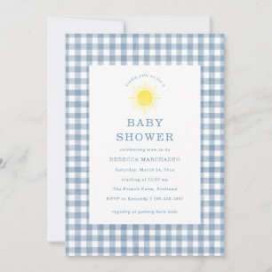Invitation Voici venir le fils Baby Shower à carreaux bleus