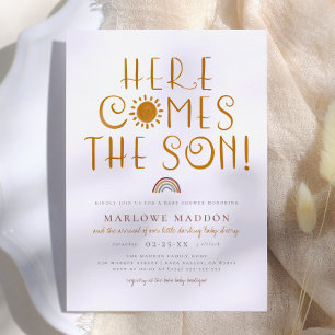 Invitation Voici venir le fils   Baby Shower Bohème Arc-en-ci
