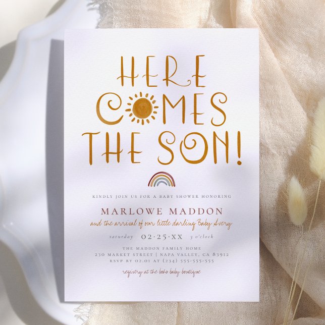 Invitation Voici venir le fils | Baby Shower Bohème Arc-en-ci (Créateur téléchargé)